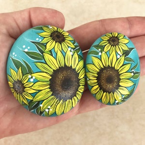 Hand painted rocks flowers 2pcs, Stone art painting, Sunflower decor for kitchen