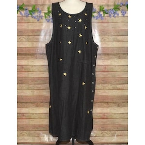 VTG Quacker Factory 3X Black Denim Jumper Jean Dress Gold Stars Modest Pockets