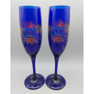 Set of 2 Vintage Cobalt Blue Glass Champagne Flutes Y2K 2000 The New Millennium