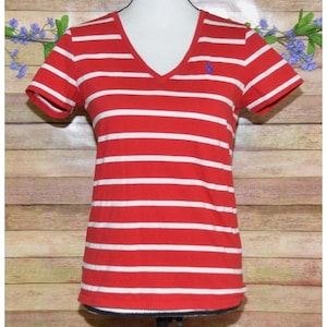 Vintage Womens Ralph Lauren Sport Striped T-Shirt M Red V Neck Logo Preppy Retro