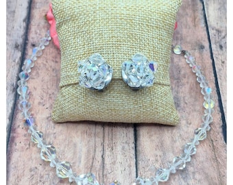Vintage AB Crystal Collar Necklace & Clip On Cluster Earrings Set Arora Borealis