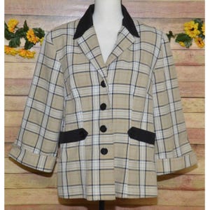 Vintage Spago Collection 14W Jacket Blazer Retro Plaid Button Front Tan & Black