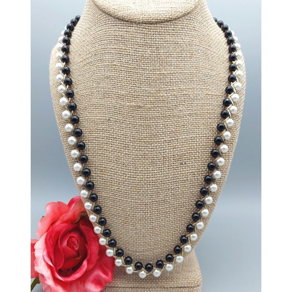 Vintage Faux Pearl Necklace Black & White with Go… - image 2