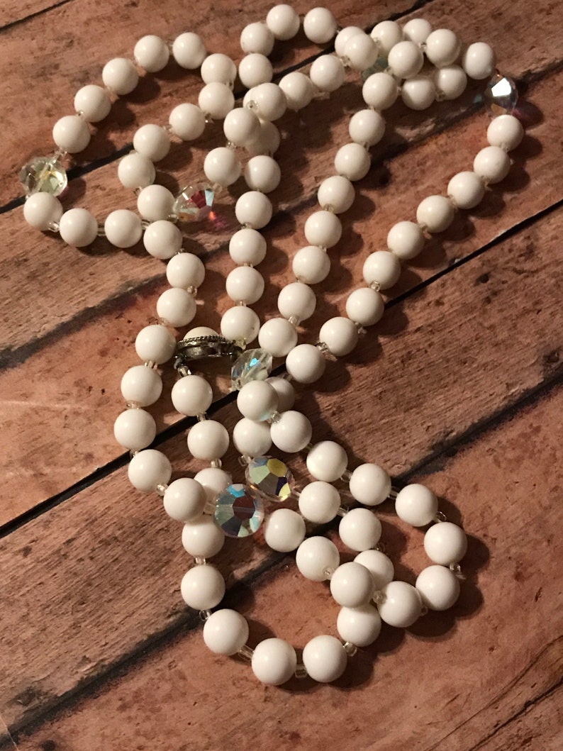 Single Strand of Vintage White /& Clear AB Beads Long 46\u201d Decorated Slide Clip