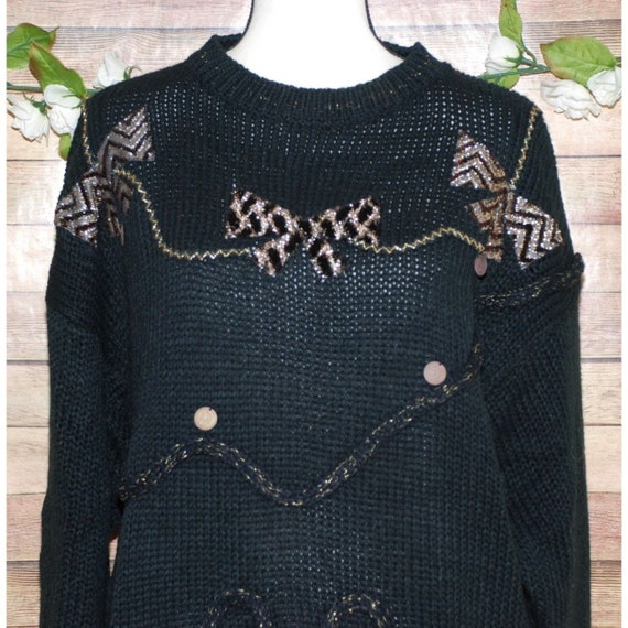 Vintage Extra Touch Black & Gold Knit Sweater Siz… - image 2