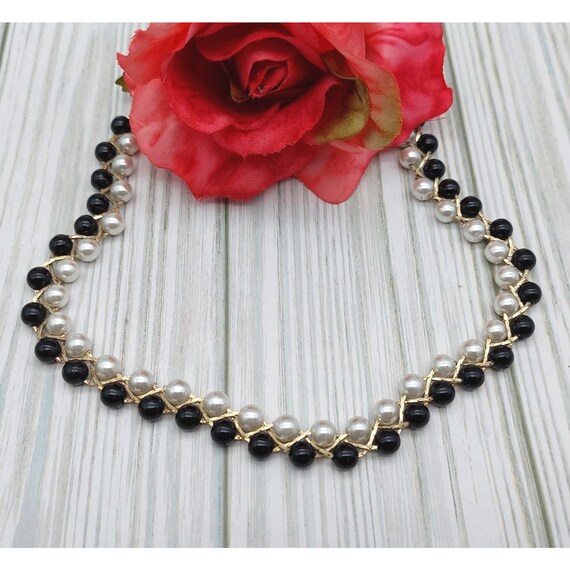 Vintage Faux Pearl Necklace Black & White with Go… - image 1