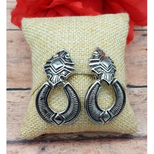Silver Tone Art Deco Door Knocker Clip On Earrings Statement 2&quot; Textured