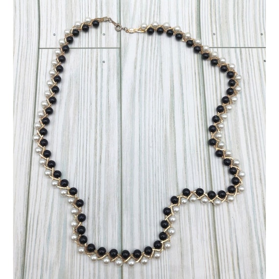 Vintage Faux Pearl Necklace Black & White with Go… - image 7