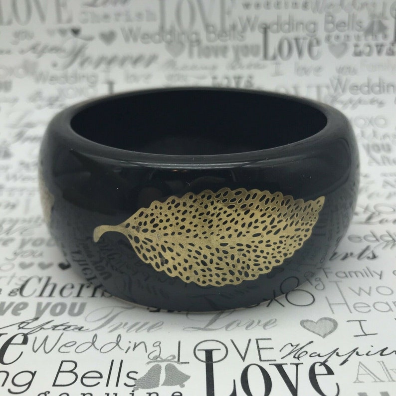 Awesome Vintage Lucite Bangle Bracelet Wide Thick Black With Gold Foil Leaves
