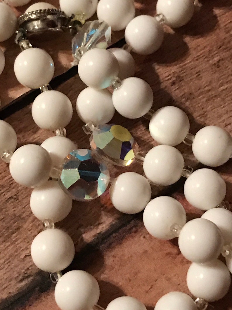 Single Strand of Vintage White /& Clear AB Beads Long 46\u201d Decorated Slide Clip