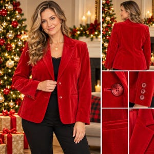 May include: A vibrant red velvet blazer featuring a notched lapel, two front buttons, long sleeves with three-button cuffs, and two horizontal welt pockets. The garment is constructed with a structured collar and a smooth, soft-touch fabric finish.