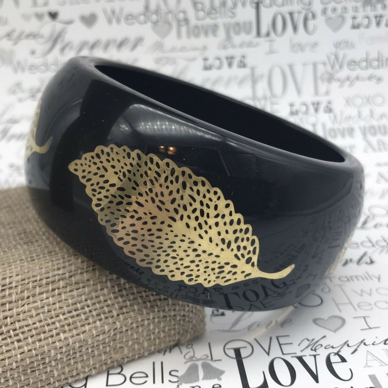Awesome Vintage Lucite Bangle Bracelet Wide Thick Black With Gold Foil Leaves