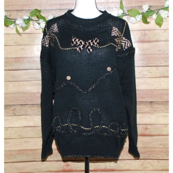 Vintage Extra Touch Black & Gold Knit Sweater Siz… - image 1