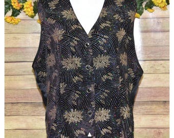 Impressions Vintage Ladies L Black Sparkles Glitter Vest Button Holiday Layering
