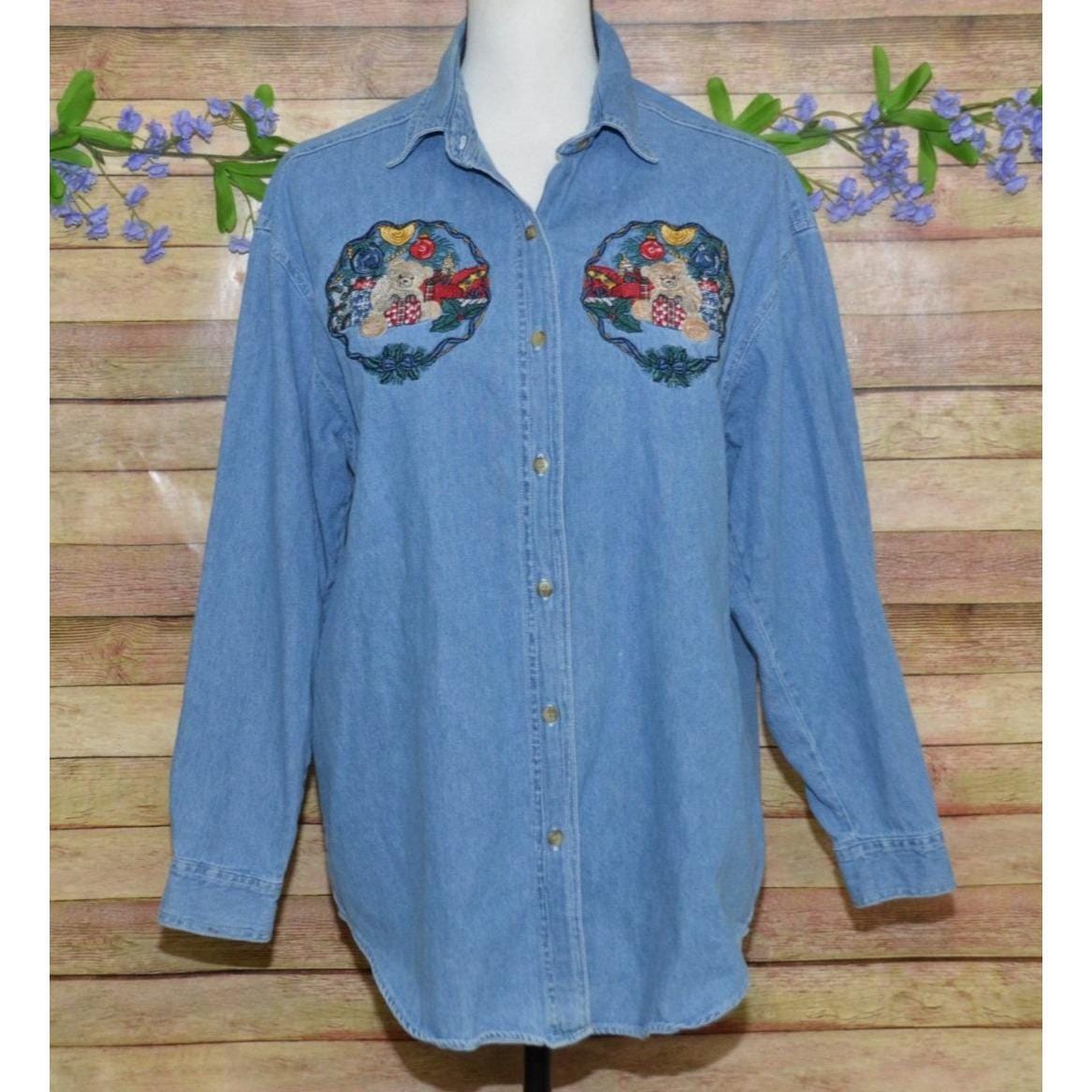 Chemise Bobbie Brooks En Chambray Bleu Avec Broderie Nounours - Manches Courtes - Vintage