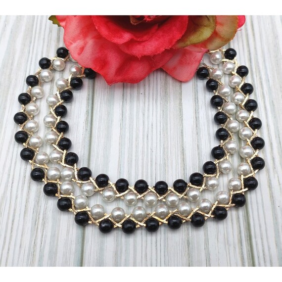 Vintage Faux Pearl Necklace Black & White with Go… - image 6
