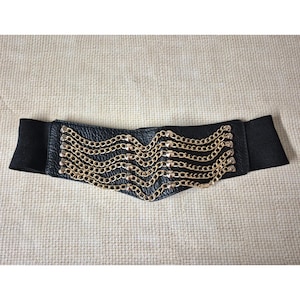 Vintage Black Faux Leather Stretch Statement Belt Ladies L/XL Gold Chain & Studs