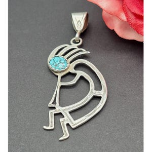 Vintage Sterling Sliver Navajo Kokopelli Turquoise Pendant Signed Liberty e.e. 3&quot;