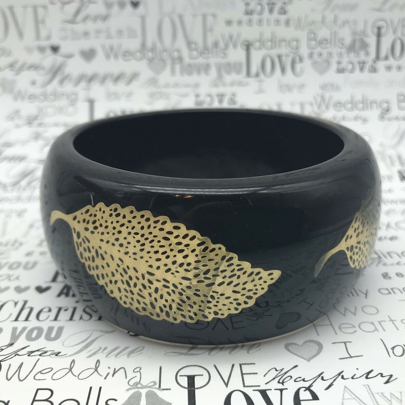 Awesome Vintage Lucite Bangle Bracelet Wide Thick Black With Gold Foil Leaves
