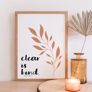 Clear is Kind Art | Brene Brown Quote Wall Art | Office Decor | Plant Line Art Print | Positive Vibes Poster | Typography Neutral Print