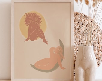 Sun & Moon Goddess Art Print: Celestial Boho Decor