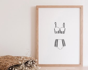 Black Lingerie Line Art Print | Retro Fashion Illustration