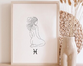 Pisces Woman Line Art Print: Minimalistische Sternzeichen Wanddeko