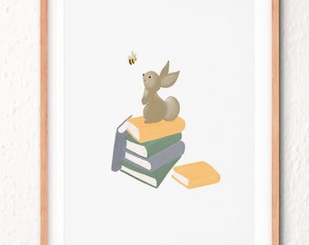 Bunny & Bee Reading | Giclee Print Unframed | Kids Room Art | Reading Corner Decor | Kids Book Illustration | Nursery Art