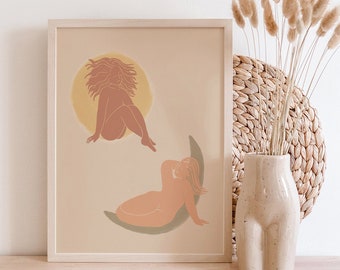 Sun and Moon Goddess Art Print: Boho Feminine Wall Decor