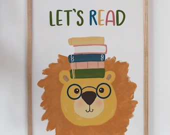 May include: A framed print with the text "LET'S READ" above a cartoon lion wearing glasses and balancing books on its head. A white stuffed bunny sits on a wooden swing, and a toy train is on a white surface.