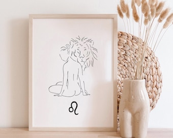 Impresión artística lineal de la mujer Leo: Signo del zodíaco, ilustración del león (sin marco)