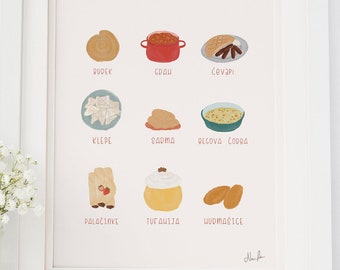 Bosnian Food Art Print | UNFRAMED | Bosnian Kitchen Decor | Burek, Sarma, Grah, Cevapi Drawing | Balkan Food | Bosnian Desserts |