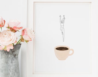 Coffee Girl Art Print | Coffee Lover Gift | Woman Line Art | Coffee Art Print | Girl Jumping in Coffee Art | Kitchen Art | Woman and Coffee