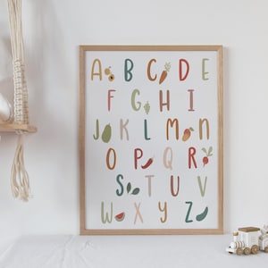 Fruit and Veggie Alphabet Art Print | Boho Nursery Wall Art | Kids Room Decor | Gender Neutral Nursery | Kids Learning Art | Playroom Art