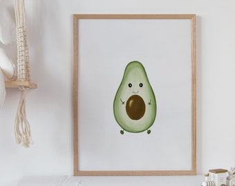 Cute Avocado Art Print | Cute Farmhouse Kitchen Decor | Nursery Wall Art | Kids Room Decor | Food Art Print | Avocado Lover Gift