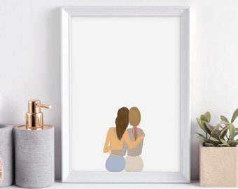 Two Girls Art Print | Personalized Gift | Friendship Print | Couples Art Print | Customized Best Friend Gift | Love Wall Art | BFF Art