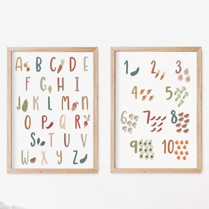 Fruit & Veggie Alphabet/Numbers Print Set of 2 | Educational Kids Room | Playroom Art | ABC Print | 123 Print | Gender Neutral Nursery