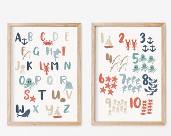 Nautical Set of 2 Alphabet + Numbers | Ocean Alphabet Print | Sea Animals Nursery | Marine Alphabet | Playroom Wall Decor | Kids Room Art