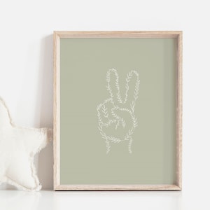 Peace Sign Art Print | Plant Line Art | Peace Sign Symbol | Hippie Wall Art | Peace Hand Sign Poster | Boho Art | Flower Peace Sign