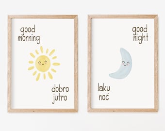 Good Morning / Dobro Jutro Kids Art | Good Night / Laku Noc Nursery Art | Bosnian Serbian Croatian Nursery | Baby Shower Gift | Sun and Moon