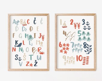 PRINTABLE Bosnian-Serbian-Croatian Nautical Alphabet/Numbers Print Set of 2 | Ocean Nursery | Educational Poster | Bilingual Kids Art