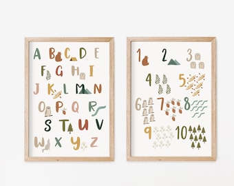 Woodland Alphabet and Numbers Print Set: Educational Nursery Art