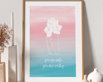 Self Love Art Print: Woman Lotus Line Art, Inspirational Quote