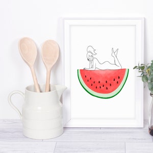 Watermelon Sugar High | Giclee Print UNFRAMED | Fruit Art | Watermelon Art | Woman Line Drawing | Kitchen Print