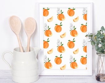 Peachy Lady Pattern Print | Giclee Print UNFRAMED | Fruit Art | Woman Line Drawing | Peach Print