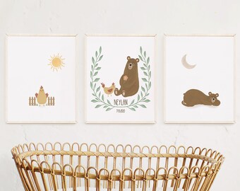 Bear & Chicken Nursery Art | Set of 3 or 1 | Bear Nursery Decor | Woodland Nursery Print | Farm Nursery Decor | Personalized Nursery Art