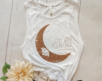 Stay Wild Moon Child Tank Top: Boho Lotus Moon Phase Muscle Tee