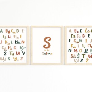 Woodland Alphabet Print in Bosnian & English Set of 3 | Forest Nursery | Personalized Nursery Room Wall Art | Gender Neutral Nursery Art