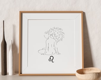 May include: A black and white line drawing of a lion with the astrological symbol for Leo below it. The drawing is framed in a light brown frame and is hanging on a white wall.