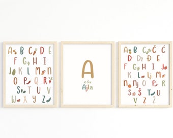 Fruit and Veggie Alphabet Print in Bosnian & English Set of 3 | Personalized Nursery Room Art | Gender Neutral Nursery Art